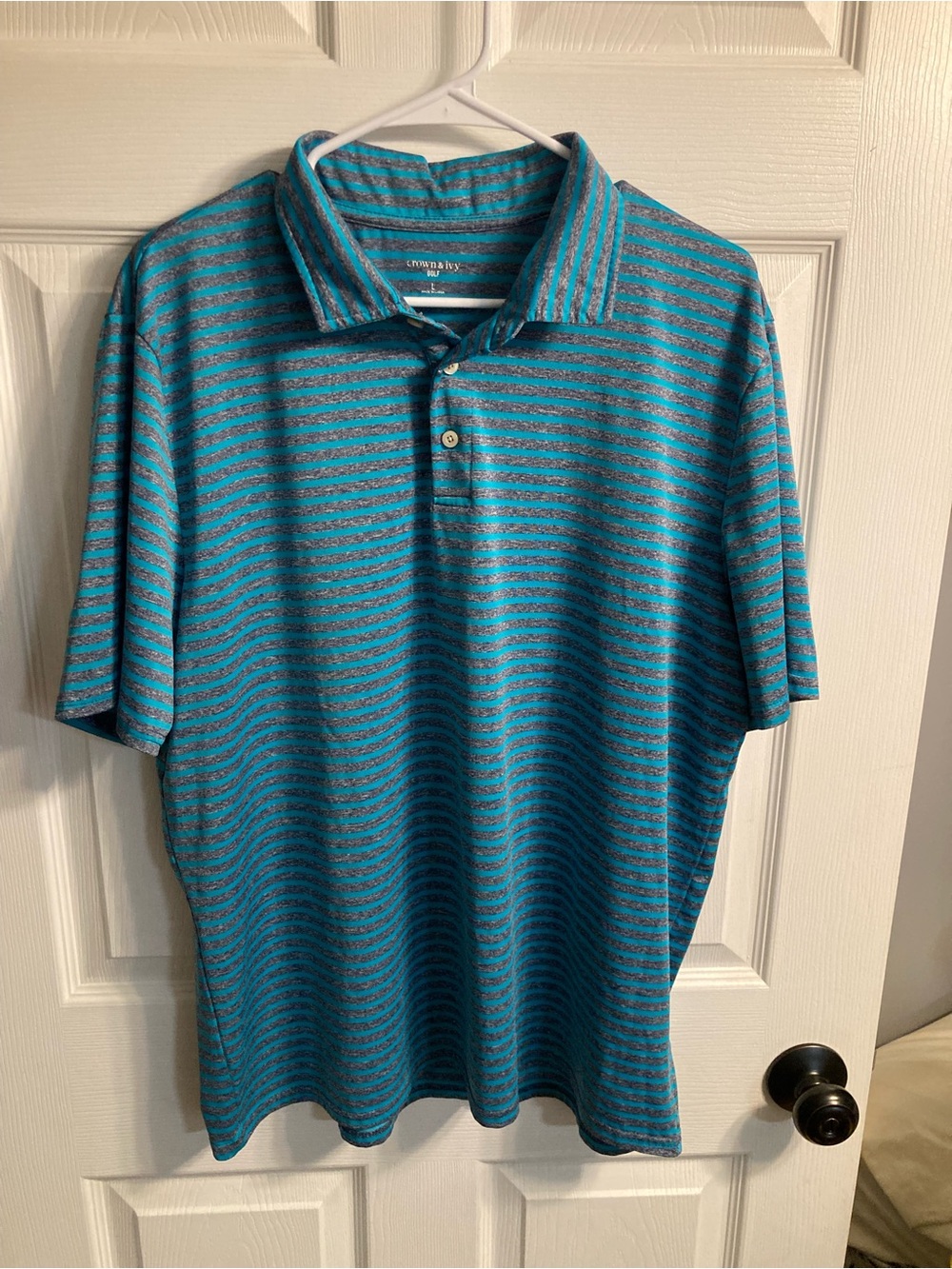 crown & ivy Teal and Gray Striped Short Sleeve Polo